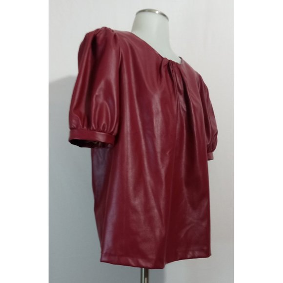 New York & Company Faux-Leather Puff-Sleeve Burgundy Wine Blouse Sz M - Picture 3 of 5